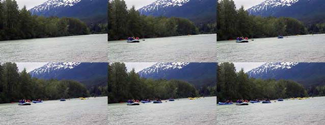 composite of six images of a river each showing more rafters on it composite of six images of a river each showing more rafters on it