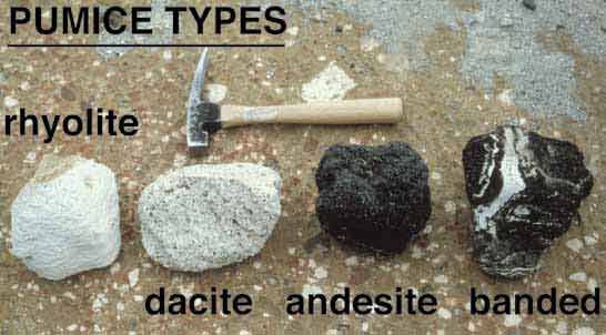 four types of rocks next to a small rock hammer with labels indicating the type of pumice