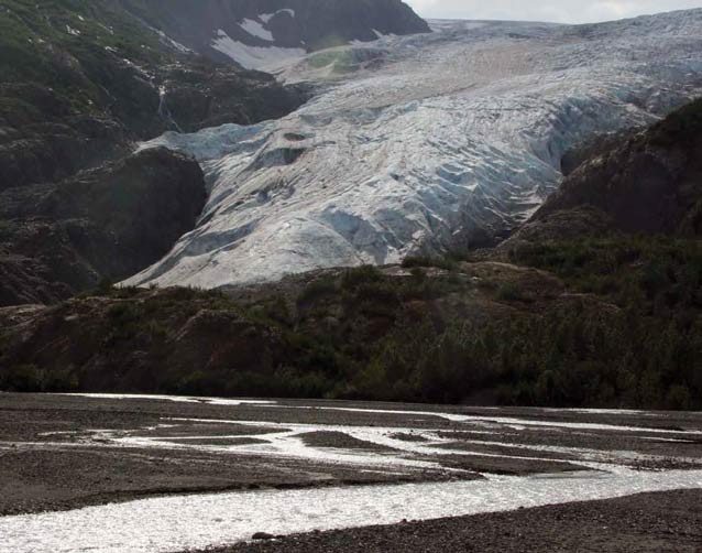 a huge glacier leading to a narrow, braided river a huge glacier leading to a narrow, braided river