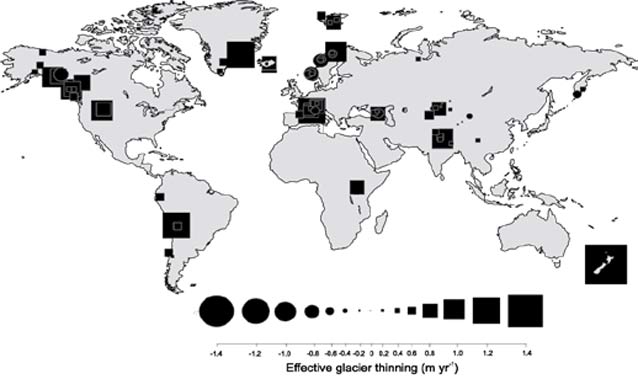 map of the world with icons indicating glaciers