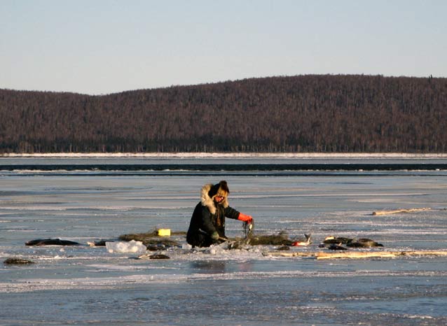 woman kneeling on a frozen lake