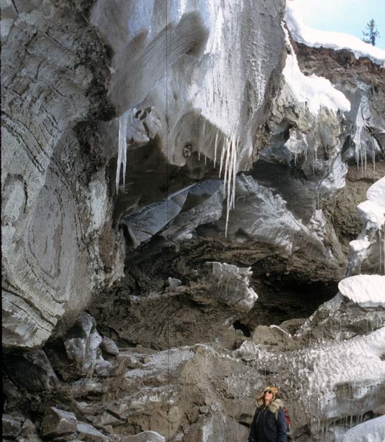 woman under a giant chunk of frozen soil