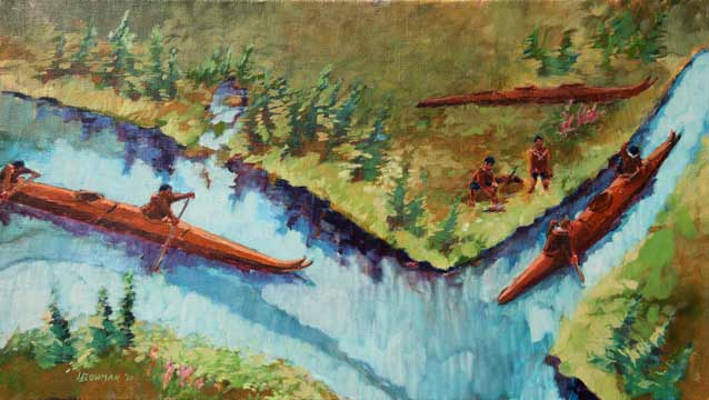 a painting of kayaks on a river a painting of kayaks on a river