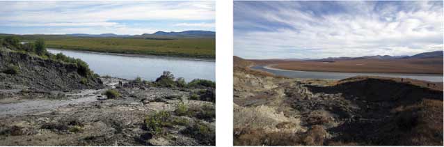 two images of the same area of slumped, muddy land near a river two images of the same area of slumped, muddy land near a river