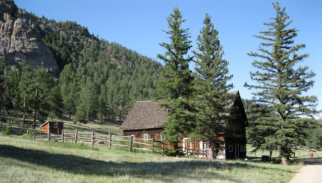 A fenced corral surrounds a wooden barn, partially hidden by skinny pine trees. 
