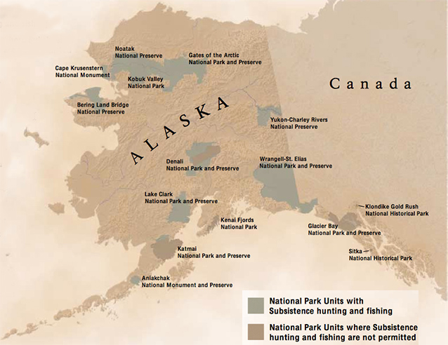 Map showing which National Park Units Subsistence hunting and fishing are and are not permitted.