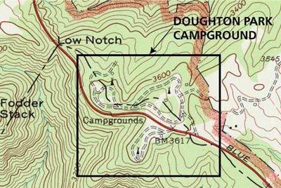 A square outline on a topographic map indications the location of Doughton Park Campground.