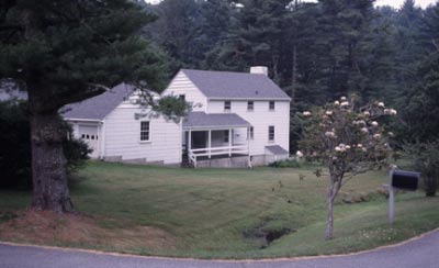 A two-story house and white siding, an attached garage, and a lawn.