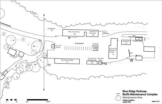 A site plan shows the arrangement of buildings and features at the maintenance complex. A site plan shows the arrangement of buildings and features at the maintenance complex.