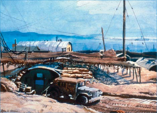 Painting of blue sky with military vehicle in foreground.
