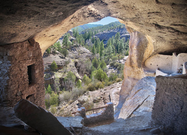 Looking out at a highland landscape covered in ponderosa pine forest from within a cliff dwelling