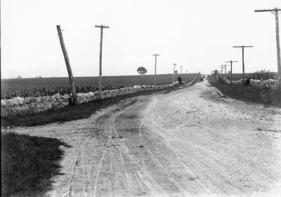 A dirt road, lined by stone walls and wires on poles, passes through a flat agricultural landscape. A dirt road, lined by stone walls and wires on poles, passes through a flat agricultural landscape.