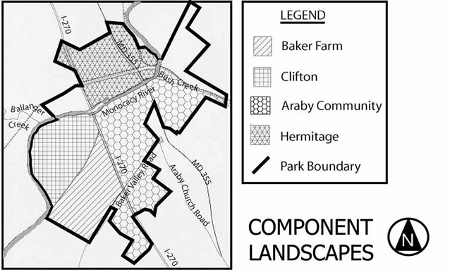 A map uses four patterns to mark the component cultural landscapes within the park. A map uses four patterns to mark the component cultural landscapes within the park.