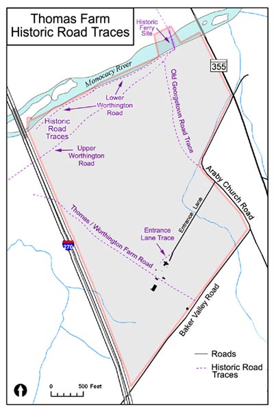 A map indicates the locations of the historic roads around the Thomas Farm landscape.