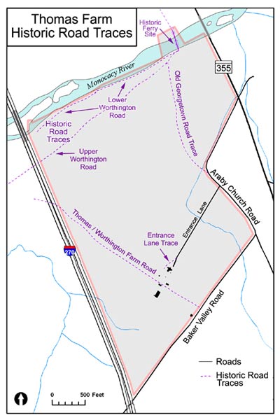 A map indicates the locations of the historic roads around the Thomas Farm landscape. A map indicates the locations of the historic roads around the Thomas Farm landscape.