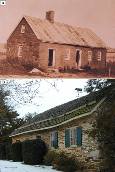 Two images of the same rectangular, single-story concrete block building.