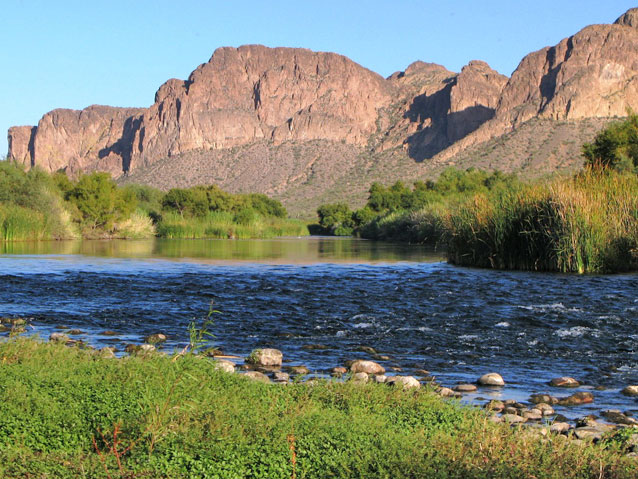 A wide, relatively calm river surrounded by greenery, with mountains in the background