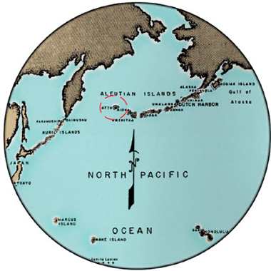 Map of world showing the Aleutian Islands in the North Pacific.