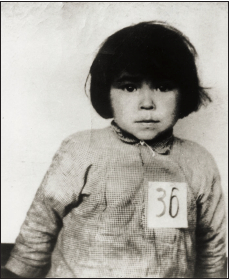 Image of a small child, similar to a mug shot. The number 36 is pinned to shirt.