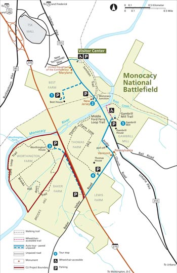 A red border on a map of roads and park features identifies the cultural landscape boundary. A red border on a map of roads and park features identifies the cultural landscape boundary.