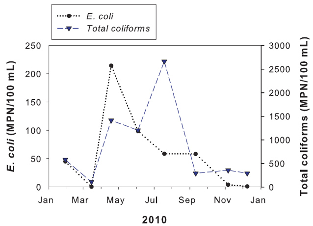 Graph showing monthly data for E. coli and total coliforms from the Mancos River Graph showing monthly data for E. coli and total coliforms from the Mancos River