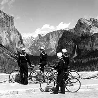 Sailors look out at Yosemite Valley; B&W