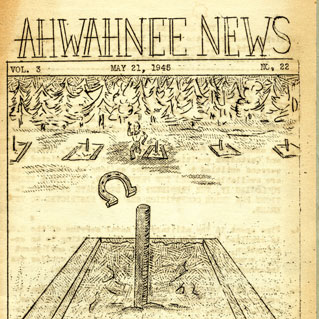 A yellowed copy of the cover of the Ahwahnee news; hand drawn cartoon of horseshoes game