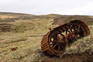 Metal wheels with metal tread rusting in the gras