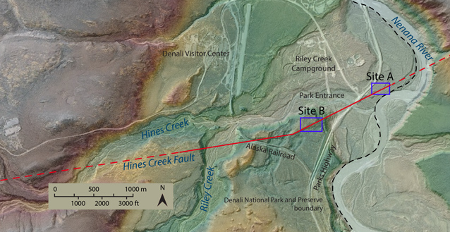Map that shows that the Hines Creek Fault crosses through the Denali entrance area Map that shows that the Hines Creek Fault crosses through the Denali entrance area