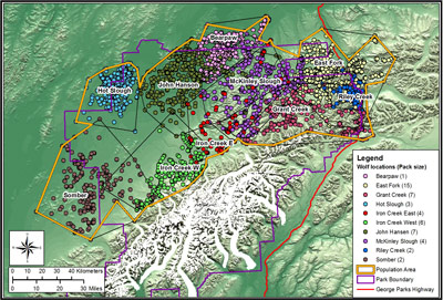 A map showing the 10 wolf pack territories in Denali A map showing the 10 wolf pack territories in Denali