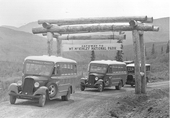 historic photo of buses driving under a wooden archway that read Mt. McKinley National Park