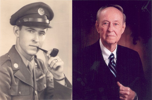 Left: black and white portrait of young man in uniform. Right: color portrait of older man