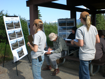 visitors look at photos that show different traffic levels and write their opinions