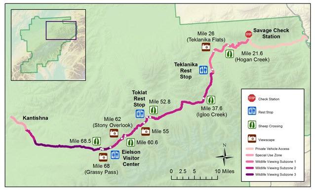 Map that shows that wildlife viewing subzones along the park road