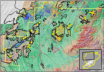 landcover map that shows that the fire ecology study plots were in the northwest corner of the park