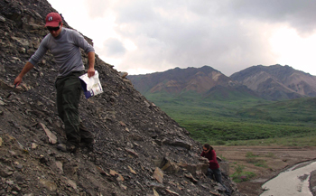 researchers scramble up a rocky slope