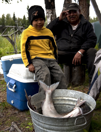 a boy sits on a cooler looking at a fish in a bucket