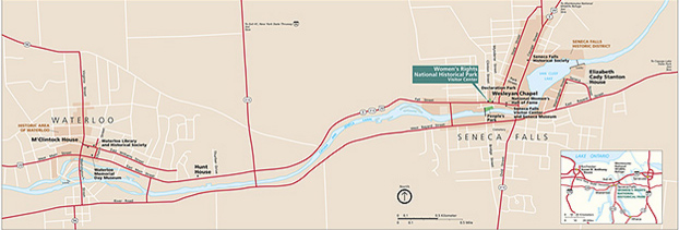 A map shows the position of the park in relationship to Waterloo and Seneca Falls, New York