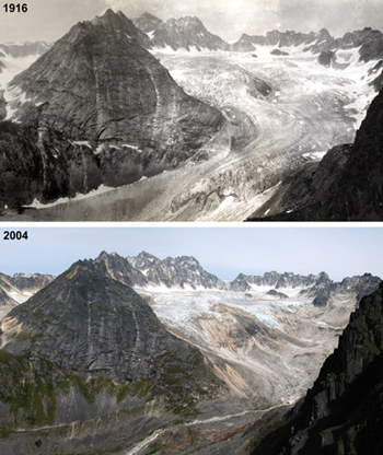 comparison of a glacier in 1916 and 2014 that shows it has shrunk