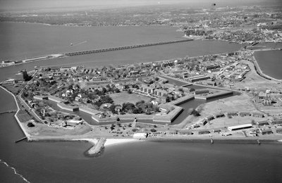 Aerial view of Fort Monroe and surrounding area after 1933.