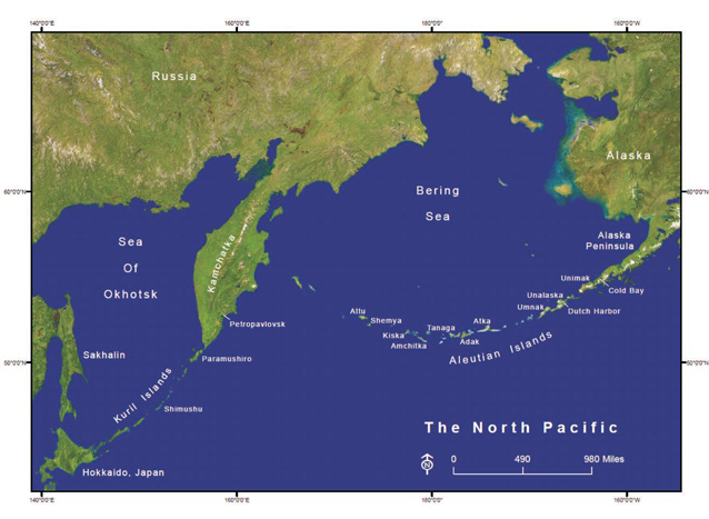 A map of the North Pacific area between East Asia and Alaska includes the Aleutian Islands. A map of the North Pacific area between East Asia and Alaska includes the Aleutian Islands.