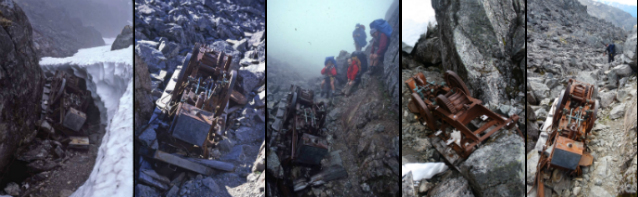 composite of five images of a rusted metal object in rocks