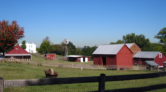 Red leaves of a tree accent bright red farm buildings, clustered with fencing and a windmill. Red leaves of a tree accent bright red farm buildings, clustered with fencing and a windmill.