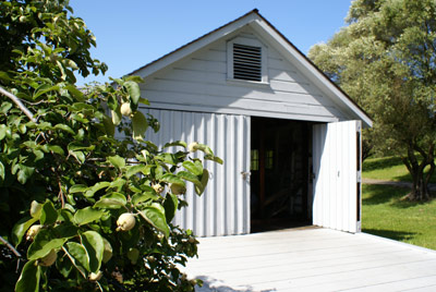 Once side of a double door is open in the front of a white garage, framed by quince trees.