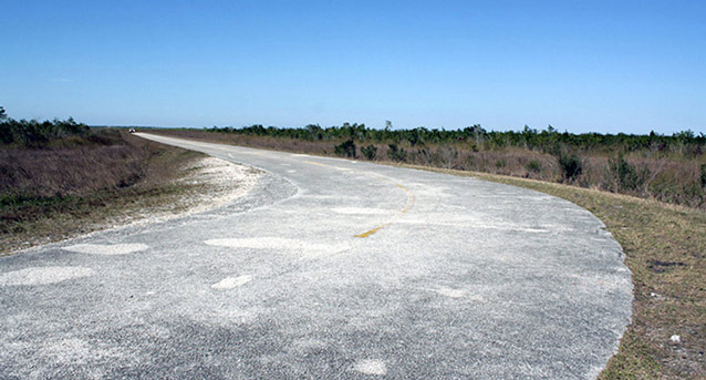 A light gray road curves through a flat landscape of low scrub. A light gray road curves through a flat landscape of low scrub.