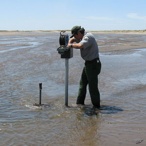 A ranger uses a pole to measure the amount of ground water. A ranger uses a pole to measure the amount of ground water.