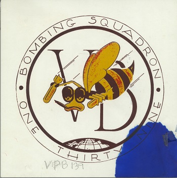 Insignia of a bee holding a bomb with text Insignia of a bee holding a bomb with text