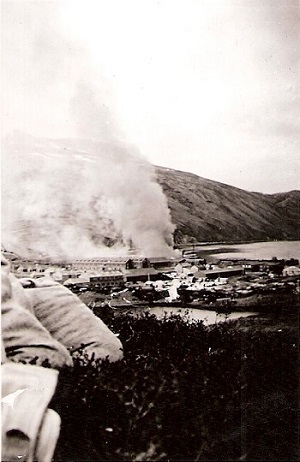 White smoke billows from a developed harbor area