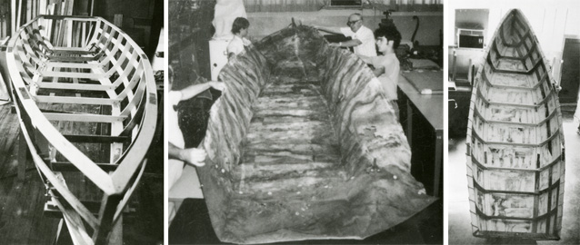 Composite image of a wooden boat frame, a piece of canvas, and a constructed canvas boat Composite image of a wooden boat frame, a piece of canvas, and a constructed canvas boat