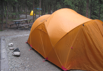 Orange tent in Riley Creek Campground Orange tent in Riley Creek Campground